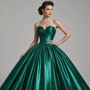 1950s Women's Fashion: A Guide to Vintage Style 12 a glamorous woman in a 1950s emerald tafetta gown