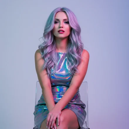 woman in holographic dress