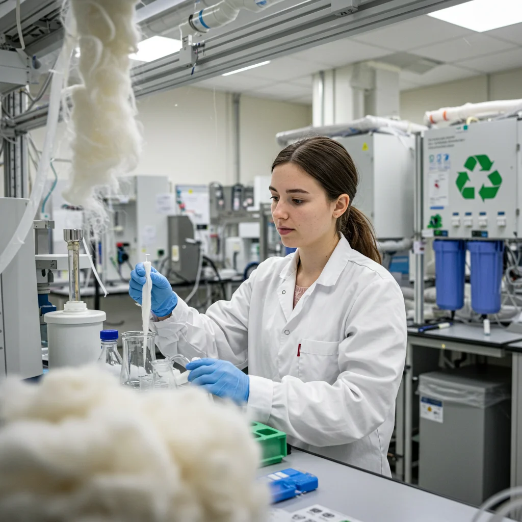 Cupro: The Sustainable, Silky Fabric Revolutionizing Fashion 9 a lab technician in a sustainable facility testing cupro fibers