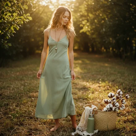 a young woman wearing a flowing cupro slip dress