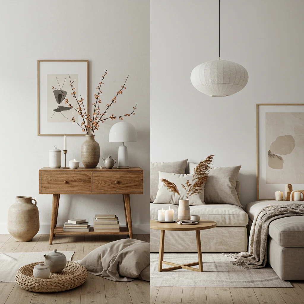half-japanese-wabi-sabi-half-scandinavian-hygge A split room decoration, half is Japanese Wabi-Sabi, other half is Scandinavian Hygge