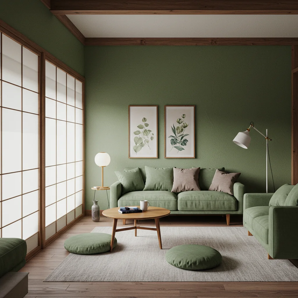 japandi-interior-neutral-color-palette Image depicting a Japandi interior color palette featuring muted tones like soft whites, beiges, taupes, and grays, complemented by earthy greens, warm browns, and soft blues.